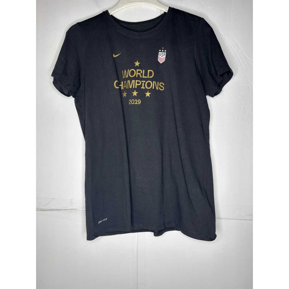 Nike USWNT 2019 World Champions Dri-FIT Soccer T-Shirt Black Gold Womens L - Picture 1 of 7